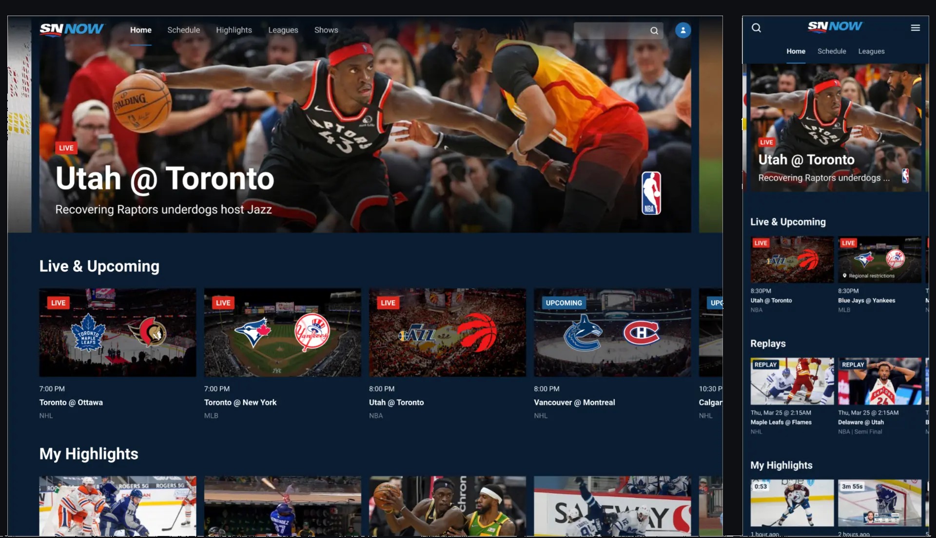 Sportsnet Now desktop and mobile designs showing live and upcoming games, replays, and highlights