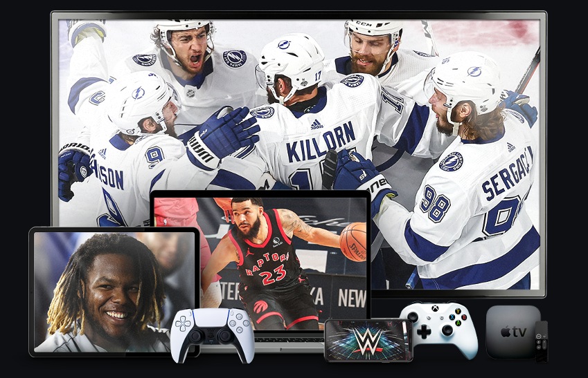Sportsnet Now shown across a television, tablet, laptop, phone, game consoles, and Apple TV